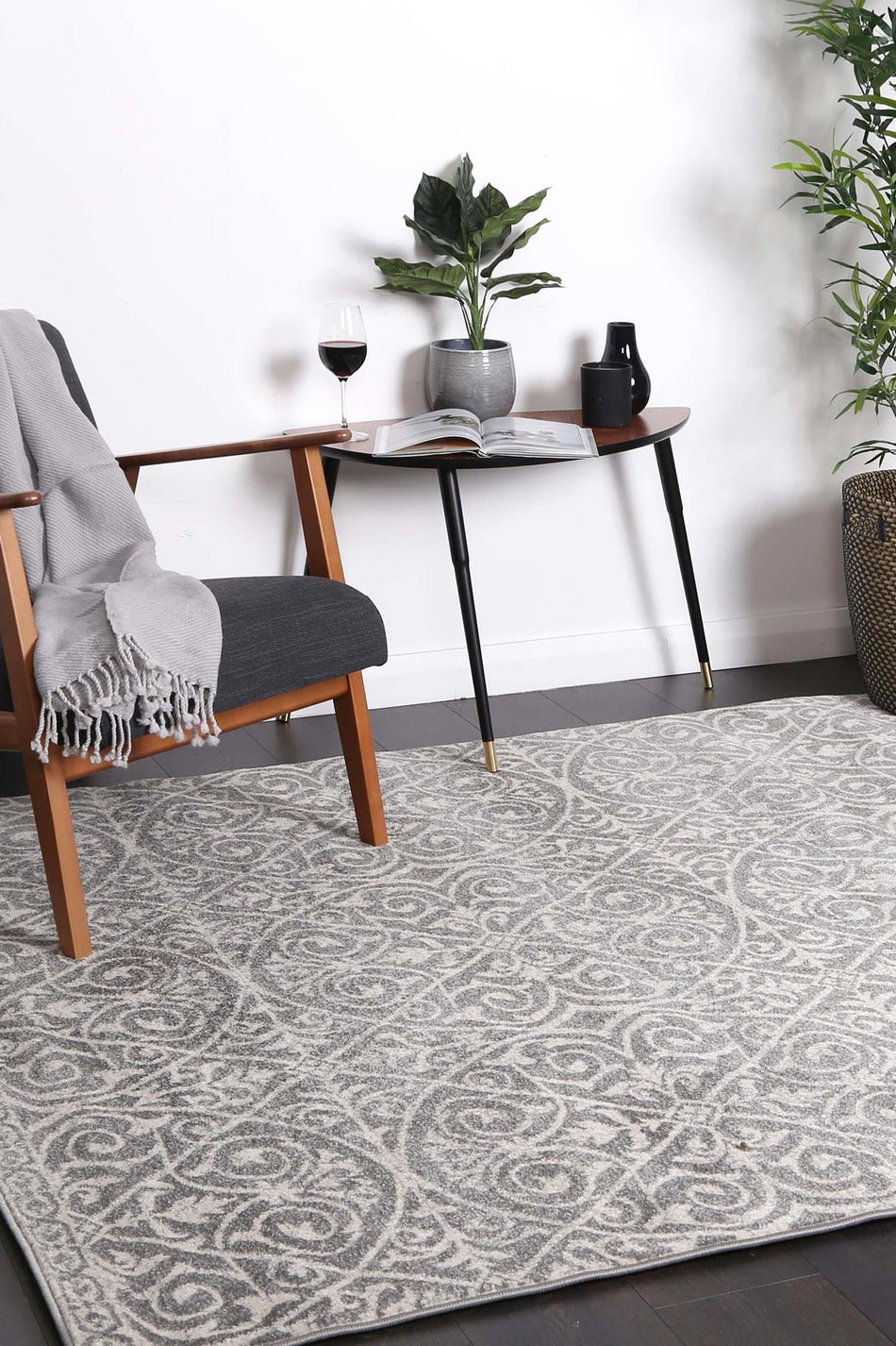 Floral Scroll Grey & Ivory Rug