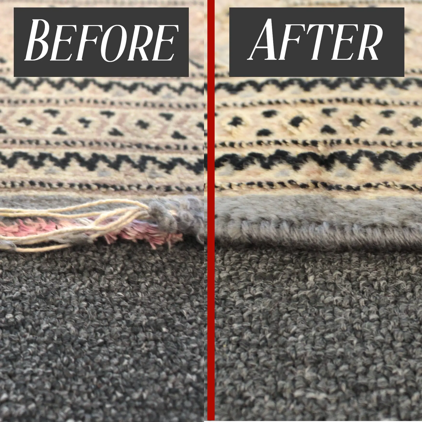 Before and after pictures of a rug edge rebinding