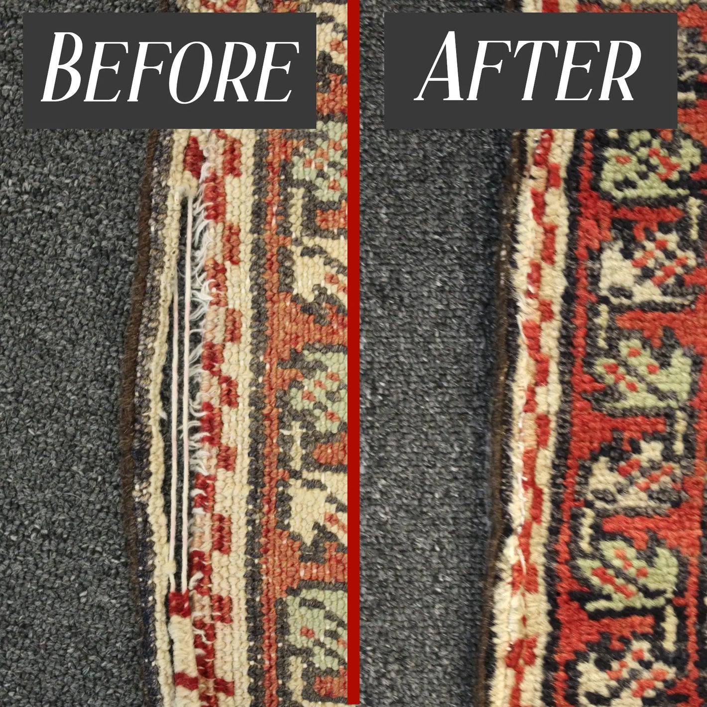 Before and after pictures of a rug edge repair